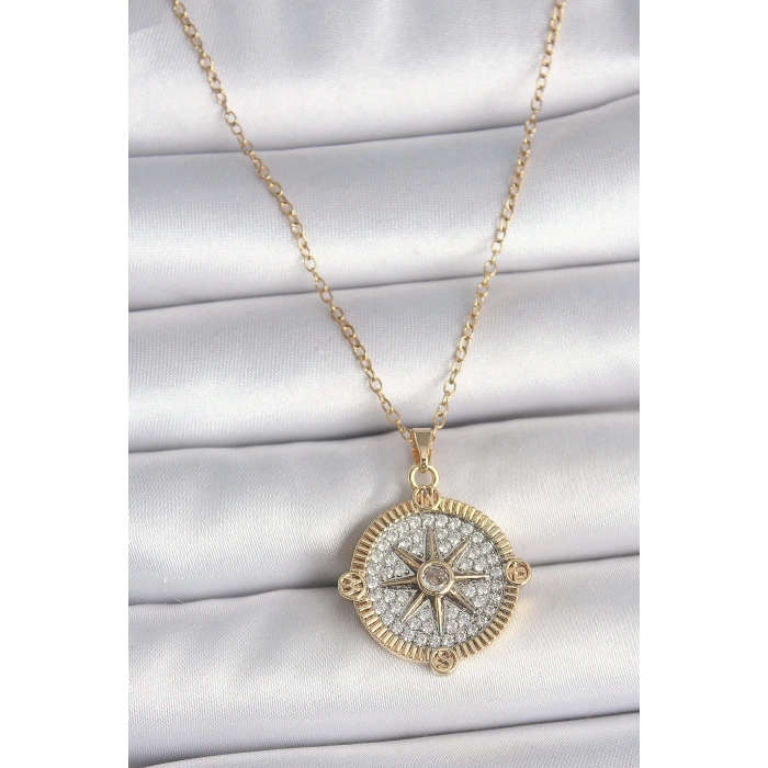 Erb 316L Çelik Gold Renk Zirkon Taşlı Pusula Model Kadın Kolye