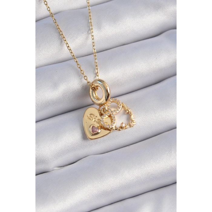 Erb 316L Çelik Gold Renk Zirkon Taşlı Sonsuzluk Kalp Figür Charm Model Kadın Kolye