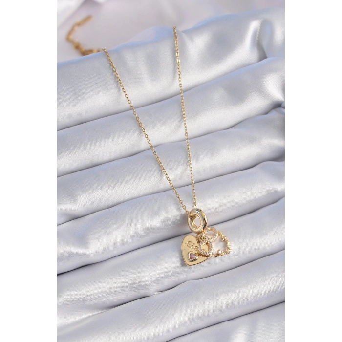 Erb 316L Çelik Gold Renk Zirkon Taşlı Sonsuzluk Kalp Figür Charm Model Kadın Kolye