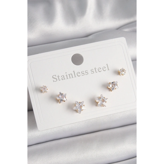 Erb 316L Çelik Gold Renk Zirkon Taşlı Yıldız Model Kadın Küpe Seti