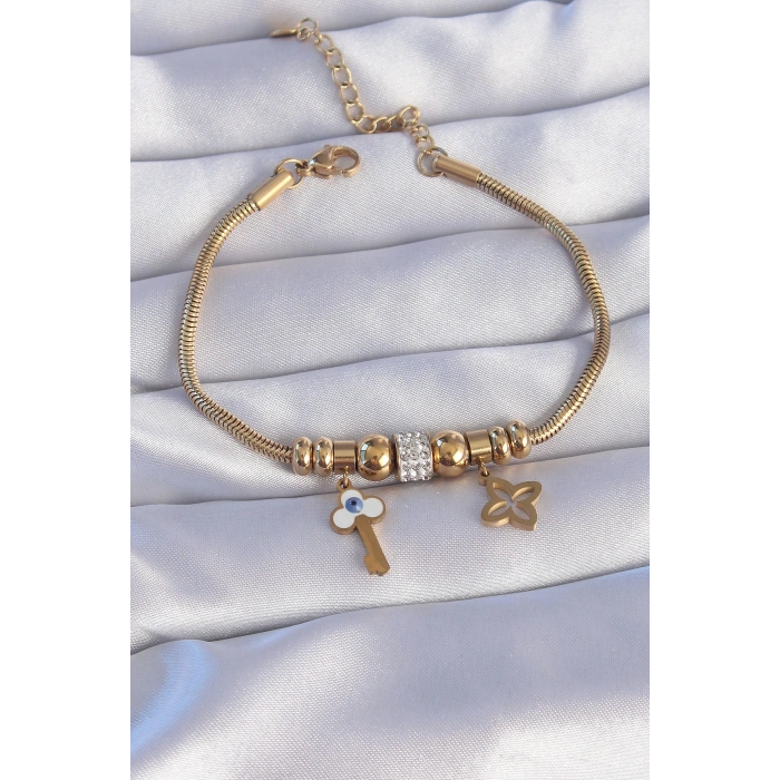 Erb 316L Çelik Gold Renk Zirkon Taşlı Yonca Detay Nazarlı Anahtar Tasarımlı Bileklik