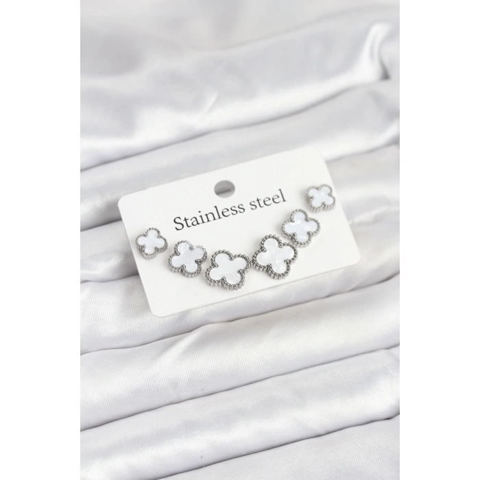 Erb 316L Çelik Gümüş Beyaz Renk 3 Boy Yonca Küpe Seti