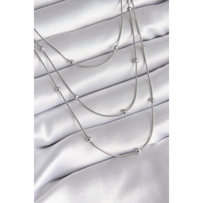 Erb 316L Çelik Gümüş Renk 3'lü Topçuk Detay Kadın Kolye