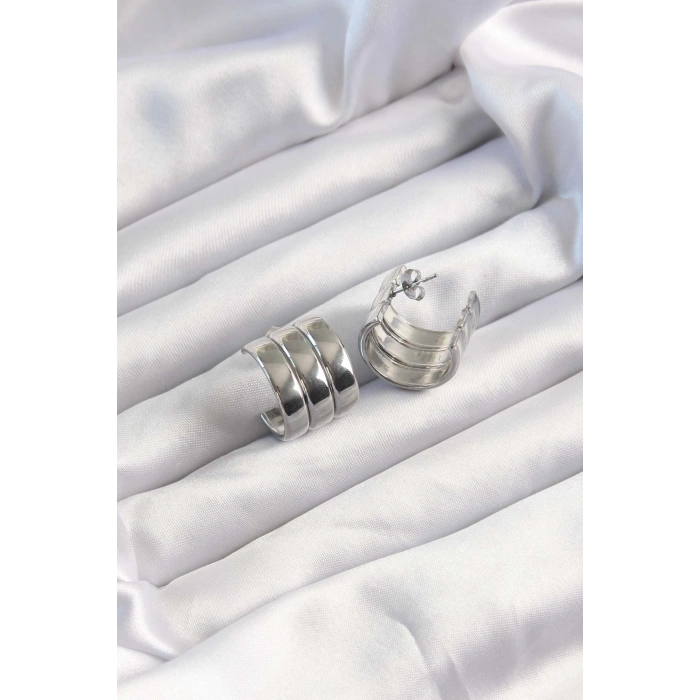 Erb 316L Çelik Gümüş Renk 3lü Görünüm Bombe Model Yarım Halka Küpe
