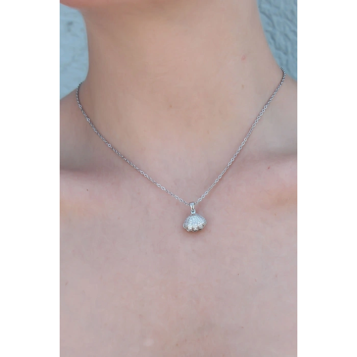 Erb 316L Çelik Gümüş Renk Açılır Midye Model Kadın Kolye