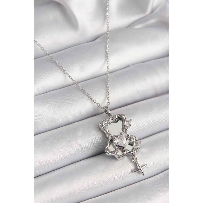 Erb 316L Çelik Gümüş Renk Ayna Ayıcık Model Zirkon Taşlı Kalp Detay Kadın Kolye