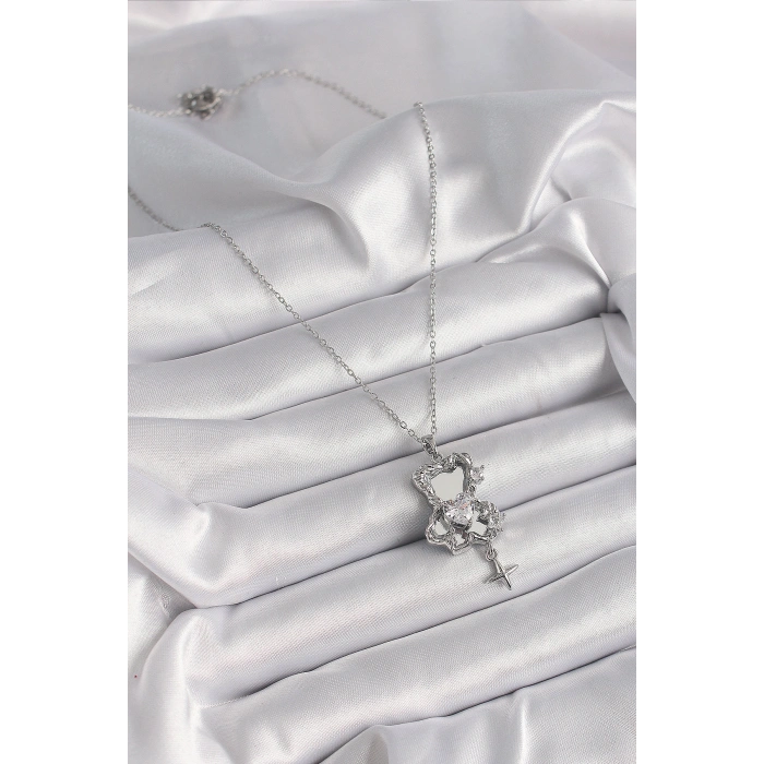 Erb 316L Çelik Gümüş Renk Ayna Ayıcık Model Zirkon Taşlı Kalp Detay Kadın Kolye