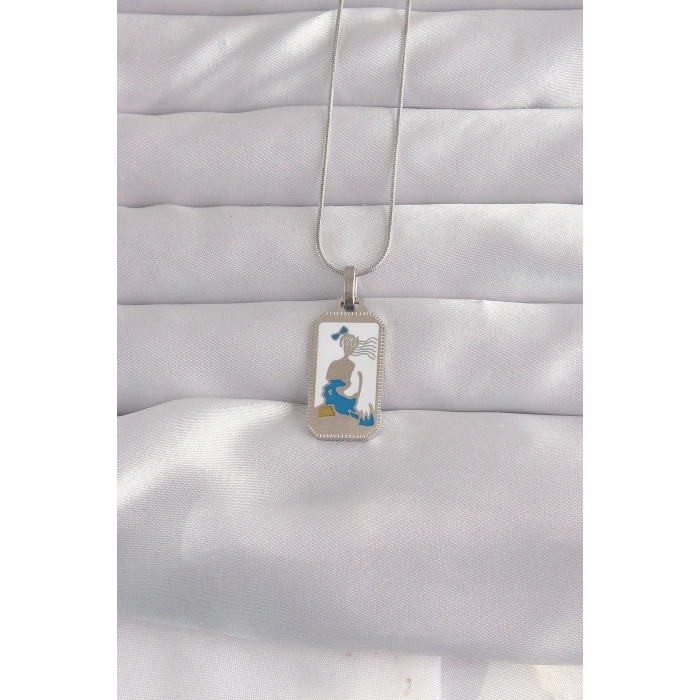 Erb 316L Çelik Gümüş Renk Beyaz Mineli Kız Figür Tarot Kolye