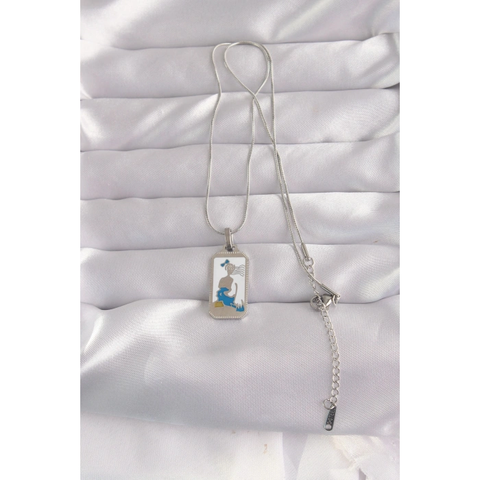Erb 316L Çelik Gümüş Renk Beyaz Mineli Kız Figür Tarot Kolye