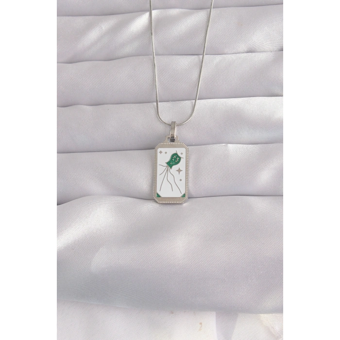 Erb 316L Çelik Gümüş Renk Beyaz Mineli Tarot Kolye