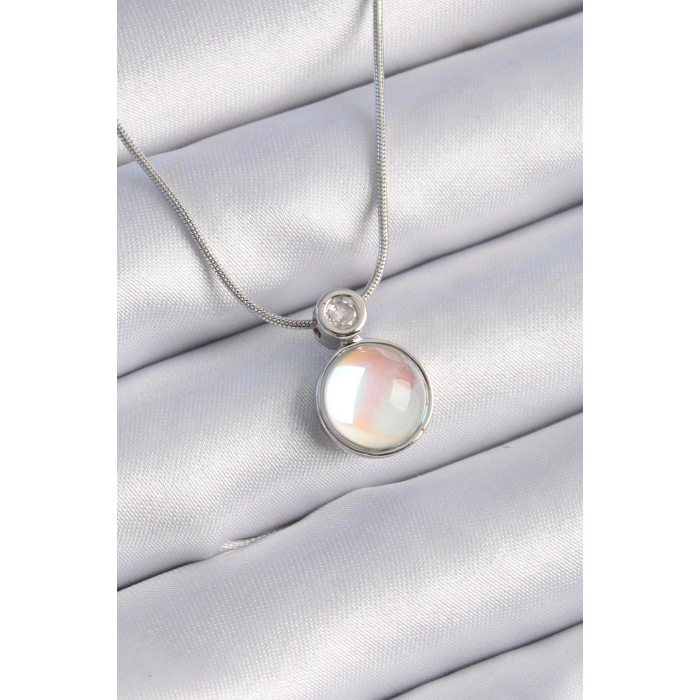 Erb 316L Çelik Gümüş Renk Beyaz Sedefli Vintage Model Kadın Kolye