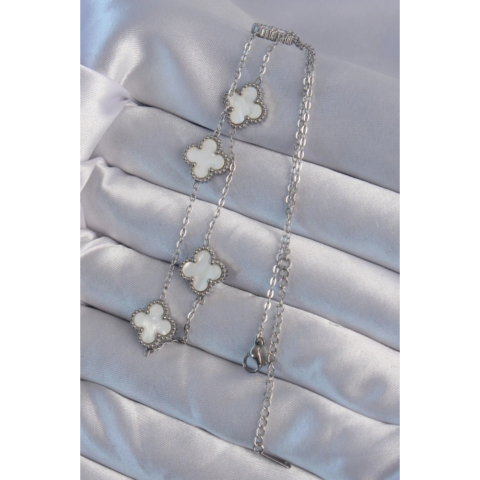 Erb 316L Çelik Gümüş Renk Beyaz Sedefli Yonca Kolye