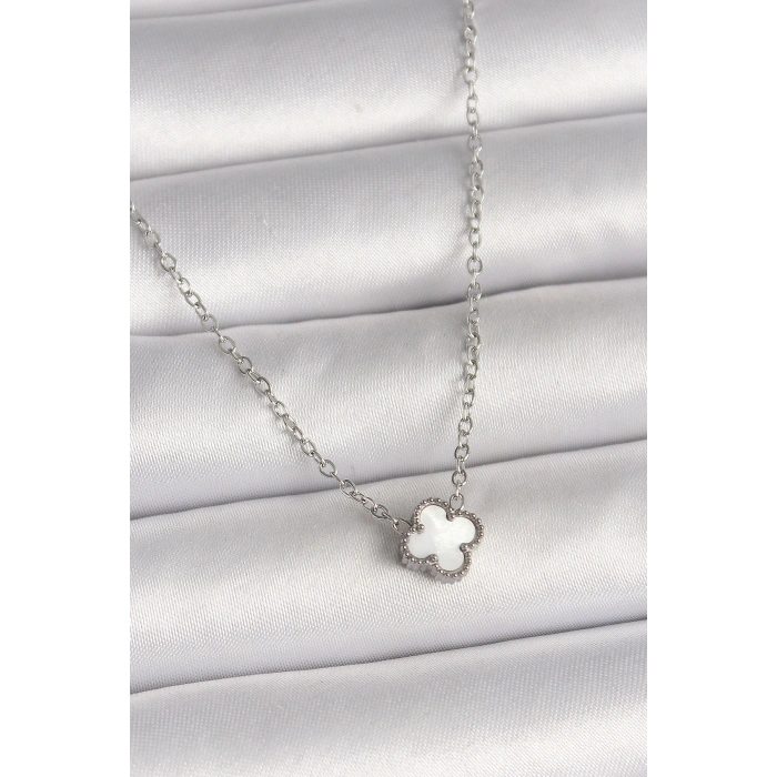 Erb 316L Çelik Gümüş Renk Beyaz Yonca Model Kadın Kolye