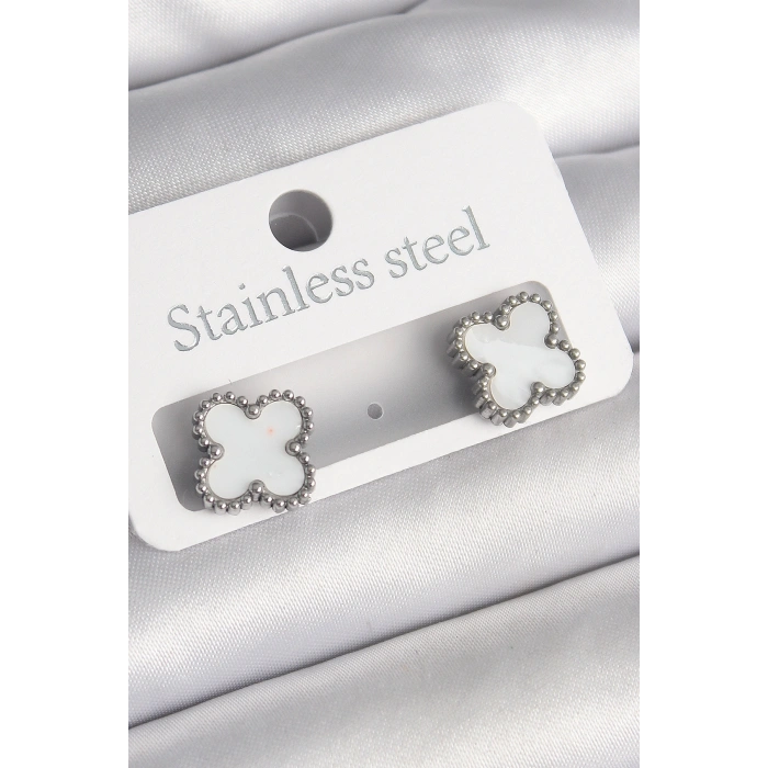 Erb 316L Çelik Gümüş Renk Beyaz Yonca Model Kadın Küpe