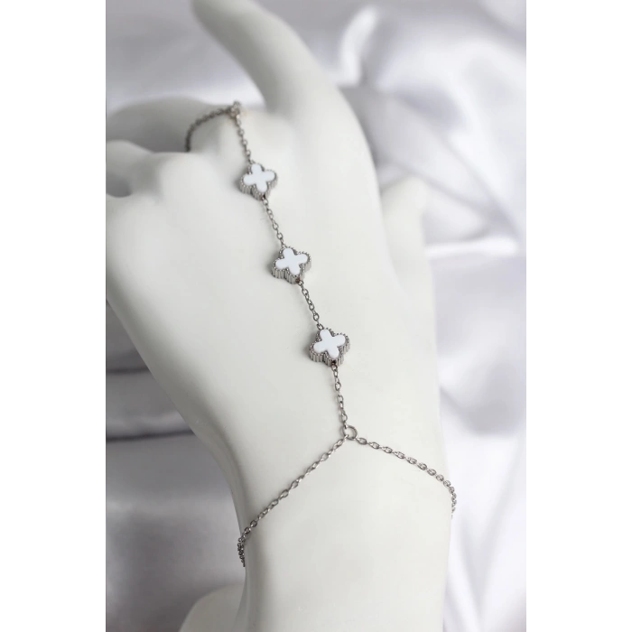 Erb 316L Çelik Gümüş Renk Beyaz Yonca Model Kadın Şahmeran