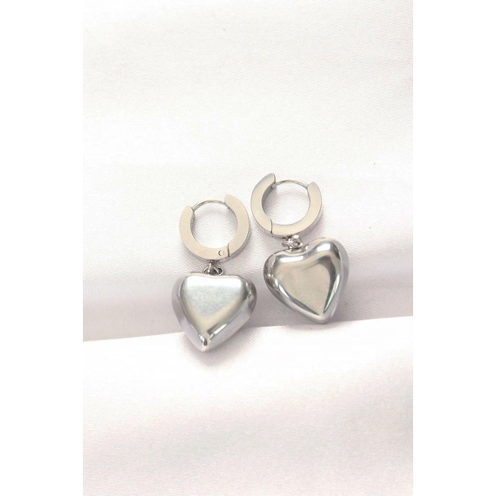 Erb 316L Çelik Gümüş Renk Bombeli Kalp Tasarımlı Küpe