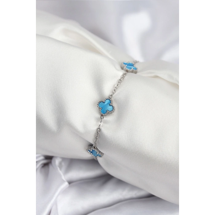 Erb 316L Çelik Gümüş Renk Buz Mavisi Baby Boy Yonca Kadın Bileklik