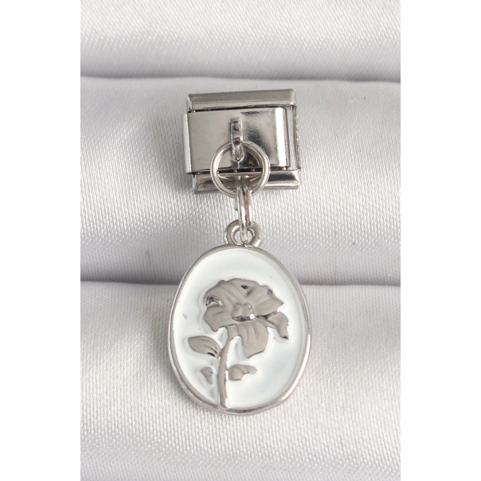 Erb 316L Çelik Gümüş Renk Çiçek İşlemeli Beyaz Portre Model Nomination Charm