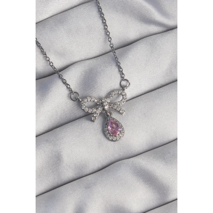 Erb 316L Çelik Gümüş Renk Fiyonk Detay Pembe Zirkon Taşlı Damla Kolye