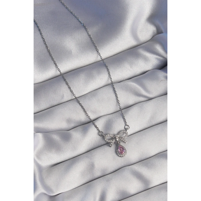 Erb 316L Çelik Gümüş Renk Fiyonk Detay Pembe Zirkon Taşlı Damla Kolye