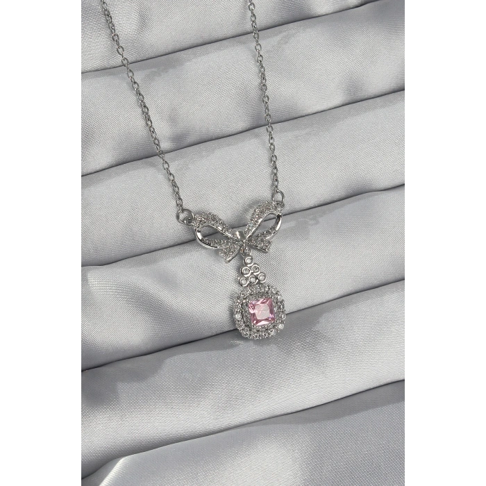 Erb 316L Çelik Gümüş Renk Fiyonk Detay Pembe Zirkon Taşlı Tektaş Kolye