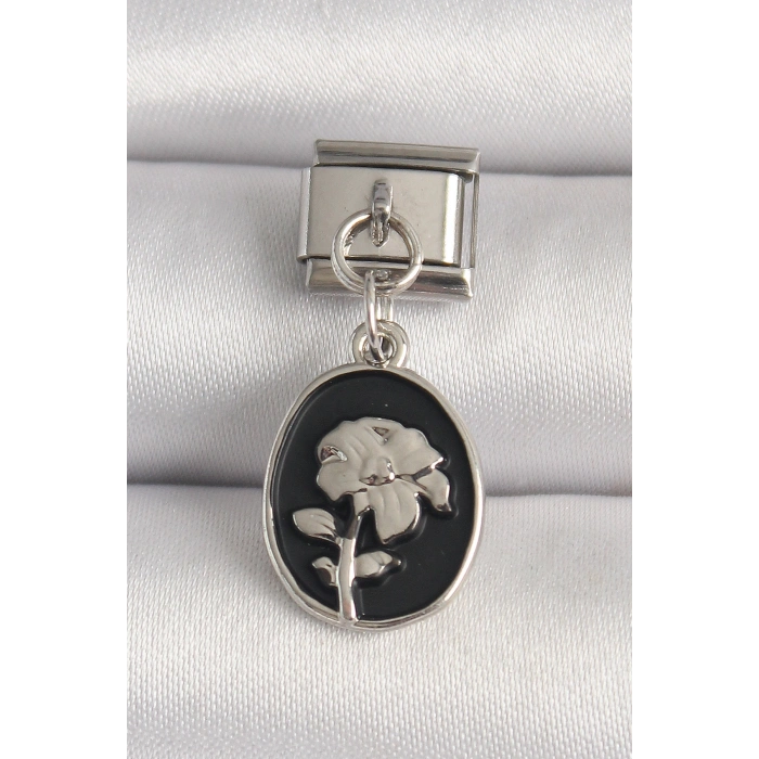 Erb 316L Çelik Gümüş Renk Gümüş Çiçek İşlemeli Siyah Portre Model Nomination Charm