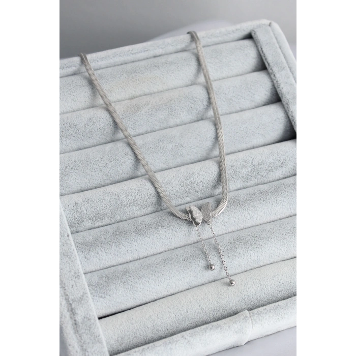 Erb 316L Çelik Gümüş Renk İtalyan Zincir Model Simli Kelebek Figür Kadın Kolye