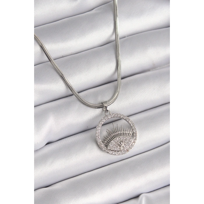 Erb 316L Çelik Gümüş Renk İtalyan Zincir Zirkon Taşlı Göz Model Kadın Kolye
