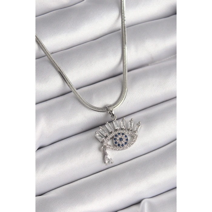 Erb 316L Çelik Gümüş Renk İtalyan Zincir Zirkon Taşlı Göz Model Kadın Kolye