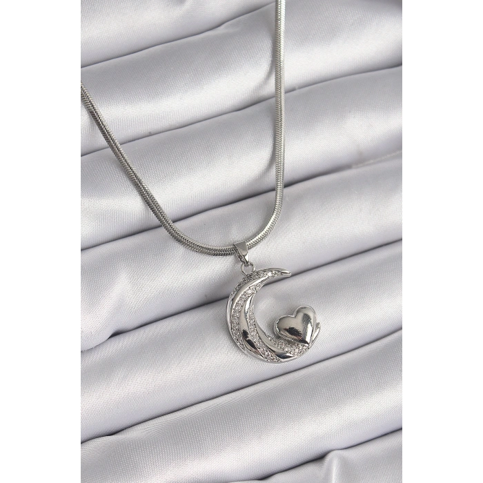 Erb 316L Çelik Gümüş Renk İtalyan Zincir Zirkon Taşlı Halil Figür Kalp Detay Kadın Kolye