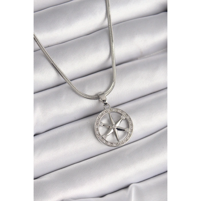 Erb 316L Çelik Gümüş Renk İtalyan Zincir Zirkon Taşlı Kutup Yıldız Model Kadın Kolye