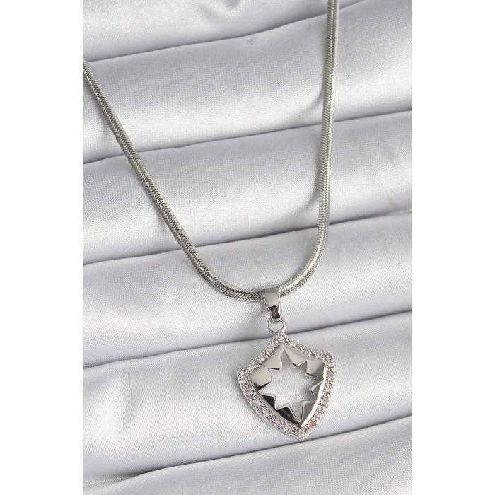 Erb 316L Çelik Gümüş Renk İtalyan Zincir Zirkon Taşlı Kutup Yıldızı İşleme Model Kadın Kolye