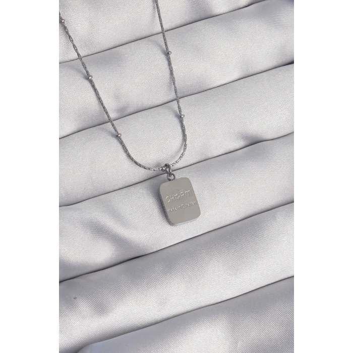 Erb 316L Çelik Gümüş Renk Kare Charm Model Kolye