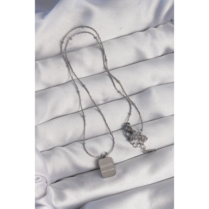 Erb 316L Çelik Gümüş Renk Kare Charm Model Kolye