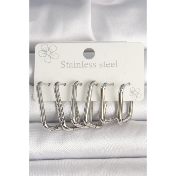 Erb 316L Çelik Gümüş Renk Kare Model Kadın Küpe Seti