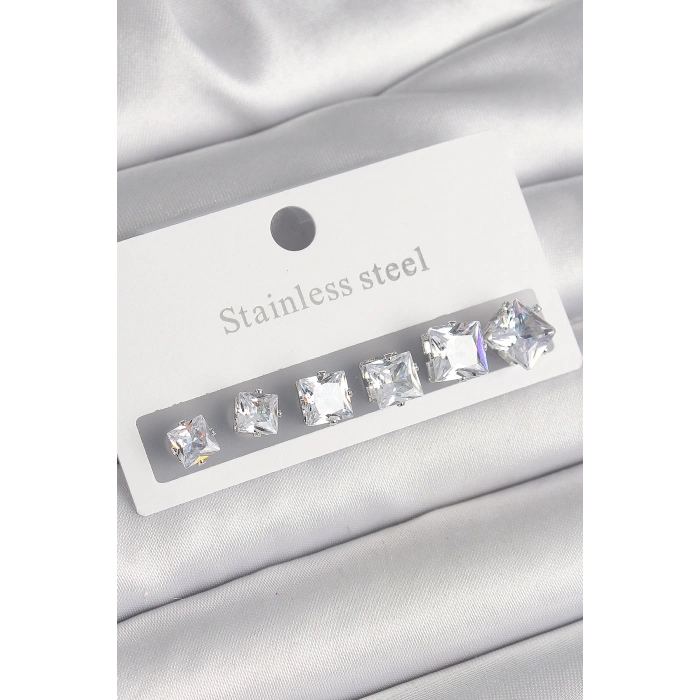 Erb 316L Çelik Gümüş Renk Kare Zirkon Taşlı Kadın Küpe Seti
