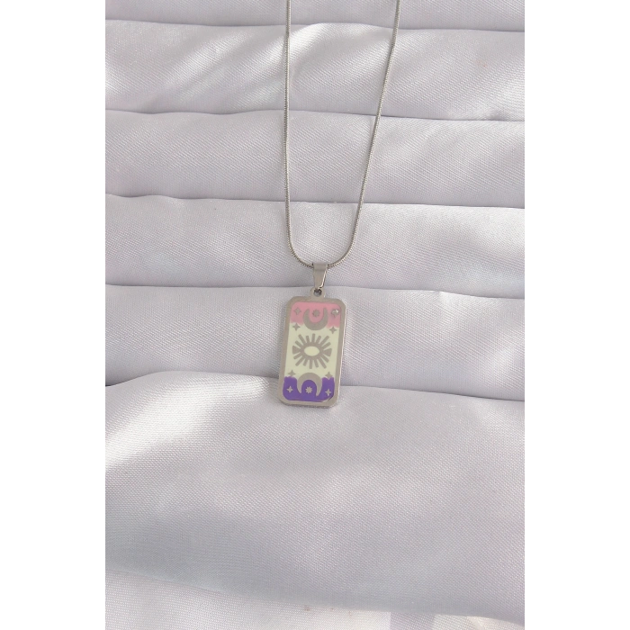 Erb 316L Çelik Gümüş Renk Karışık Mineli Ay Figür Tarot Kolye