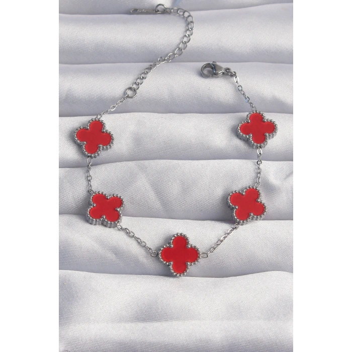 Erb 316L Çelik Gümüş Renk Kırmızı Mineli Yonca Bileklik