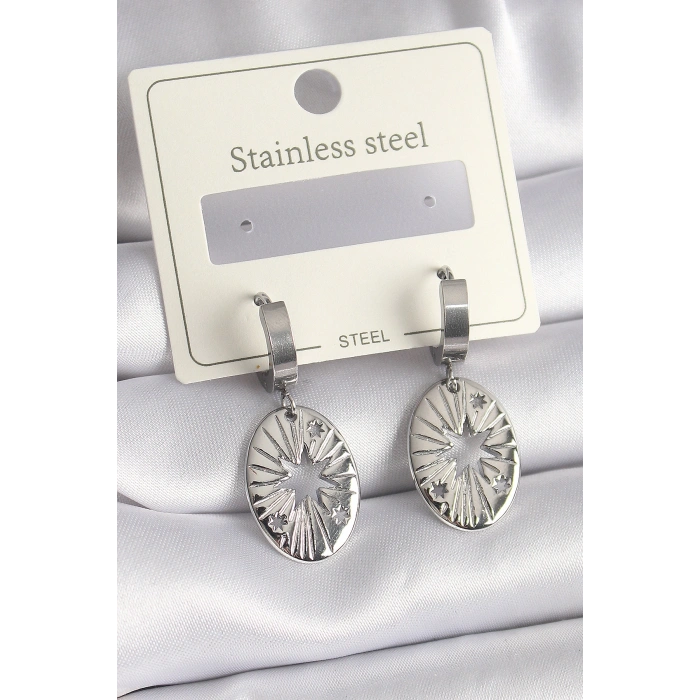 Erb 316L Çelik Gümüş Renk Kutup Yıldızı İşleme Kadın Küpe