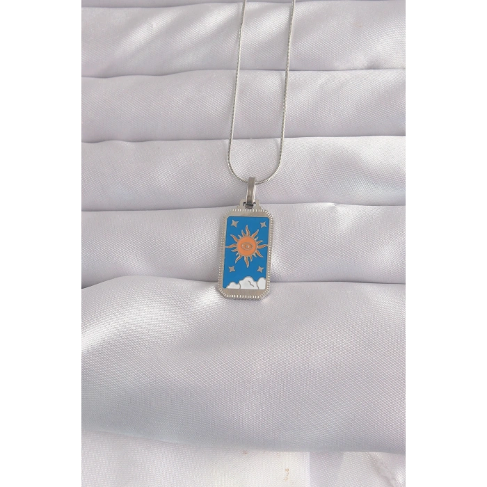 Erb 316L Çelik Gümüş Renk Mavi Mineli Güneş Model Tarot Kolye