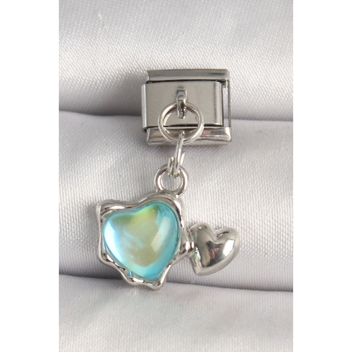 Erb 316L Çelik Gümüş Renk Mavi Mineli Kalp Model Nomination Charm