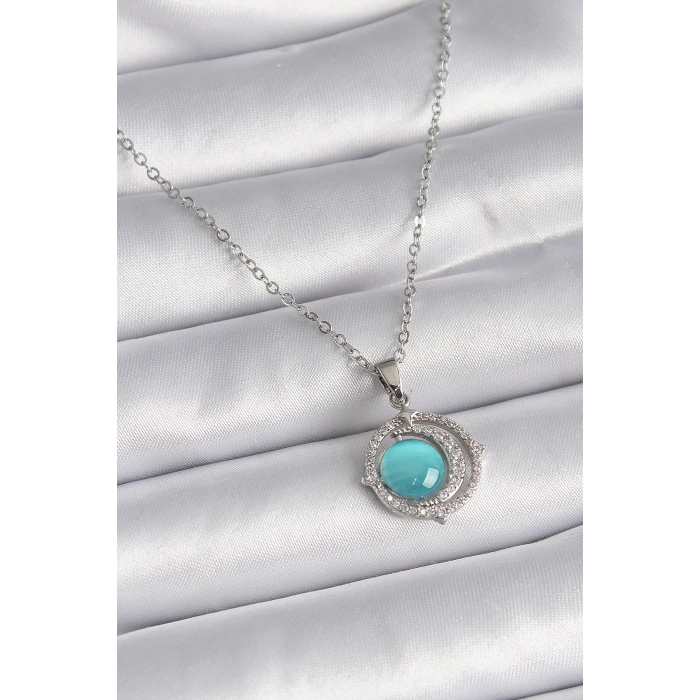 Erb 316L Çelik Gümüş Renk Mavi Sedefli Hilal Model Kadın Kolye