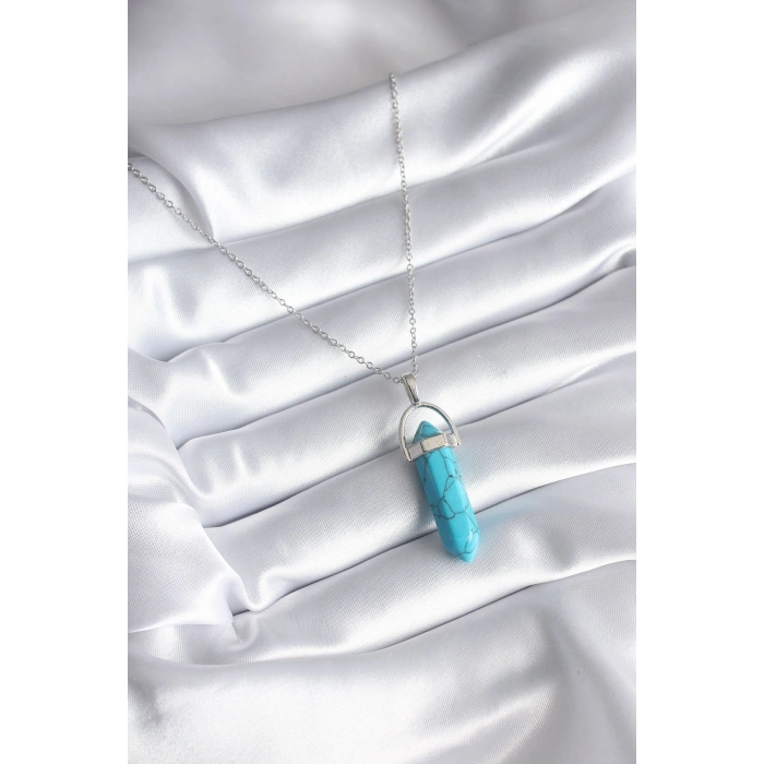 Erb 316L Çelik Gümüş Renk Mavi Taşlı Model Kadın Kolye