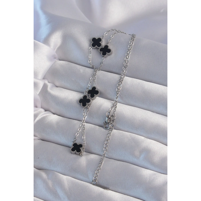 Erb 316L Çelik Gümüş Renk Minimal Siyah Mineli Yonca Kolye