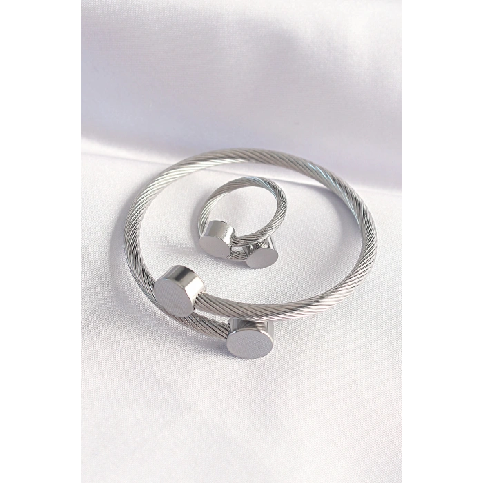 Erb 316L Çelik Gümüş Renk Oval Aksesuarlı Burgu Model Bileklik Ve Yüzük Kombini