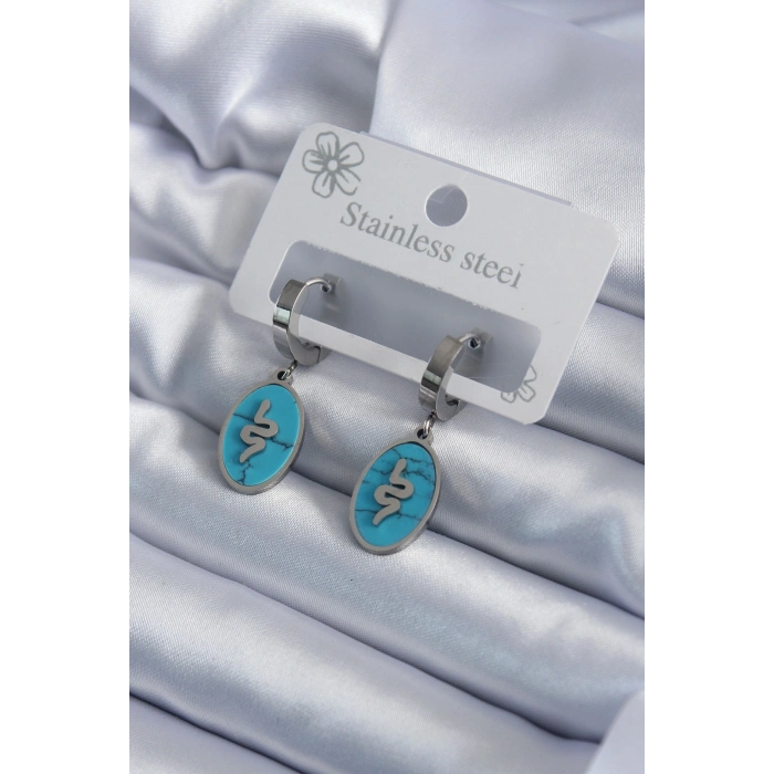 Erb 316L Çelik Gümüş Renk Oval Mavi Taşlı Yılan Figür Kadın Küpe