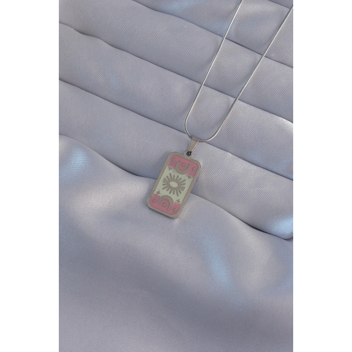 Erb 316L Çelik Gümüş Renk Pembe Mineli Ay Figür Tarot Kolye