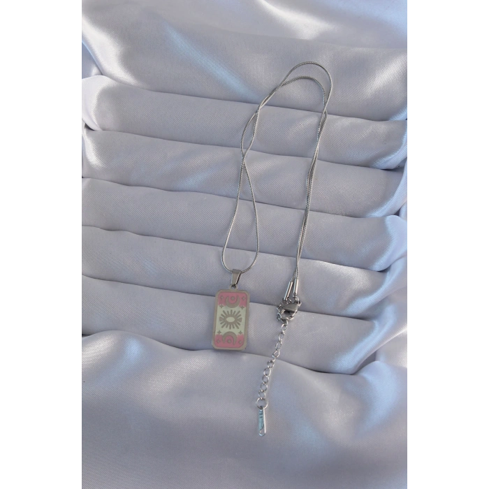 Erb 316L Çelik Gümüş Renk Pembe Mineli Ay Figür Tarot Kolye