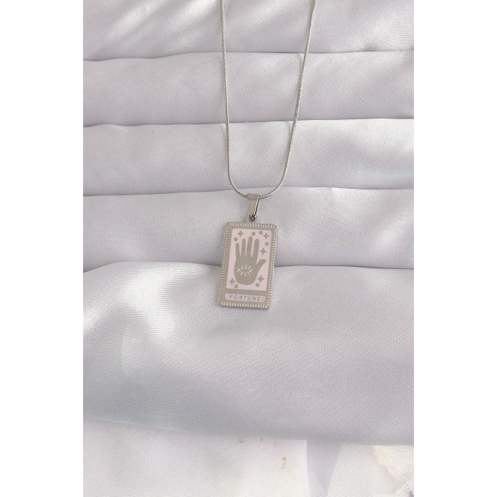 Erb 316L Çelik Gümüş Renk Pembe Mineli El Figür Tarot Kolye