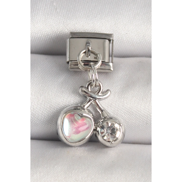 Erb 316L Çelik Gümüş Renk Pembe Mineli Kalp Zirkon Taş Detay Nomination Charm